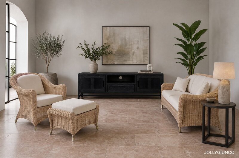Modern living room with woven rattan seating, beige cushions, a black cabinet, large abstract artwork, and potted plants.