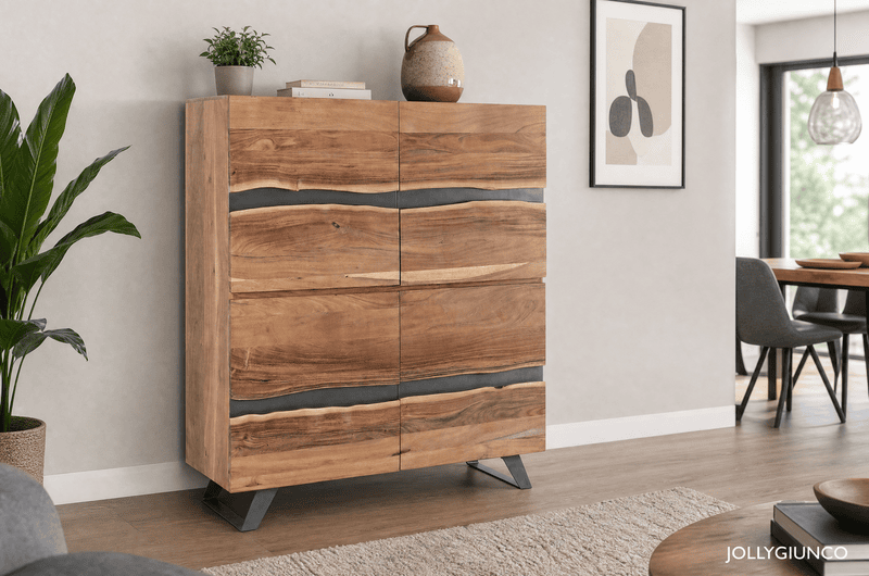 Wooden cabinet with live-edge seams in a modern living room, topped with a plant, books, and a ceramic pitcher.