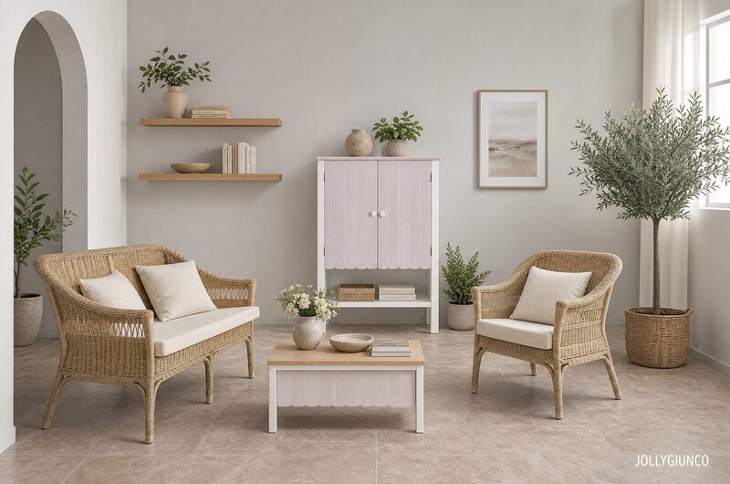 Neutral living room with two wicker armchairs, a pastel-pink cabinet, floating shelves, and several potted plants.
