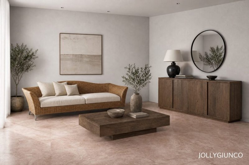 Living room with a wicker sofa, beige cushions, and two potted plants beside a dark wooden cabinet with a round mirror and a table lamp.