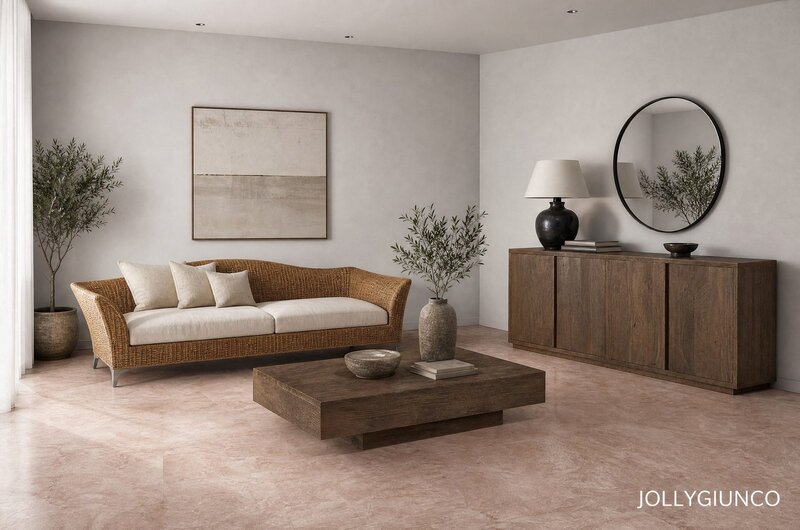 Living room with a wicker sofa, beige cushions, and two potted plants beside a dark wooden cabinet with a round mirror and a table lamp.