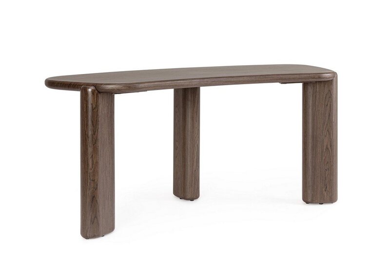 Wooden table with three thick cylindrical legs and a rounded rectangular top, in dark walnut color