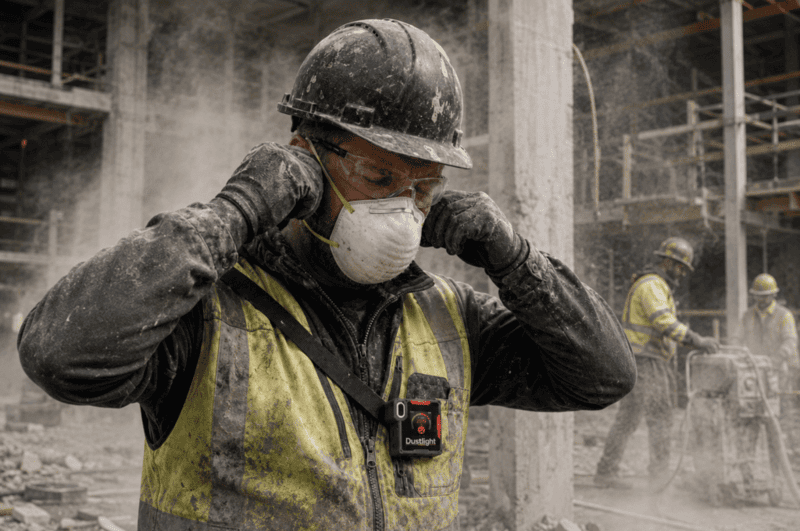 A construction worker wearing a respirator and protective gear while working in a dusty construction site.
