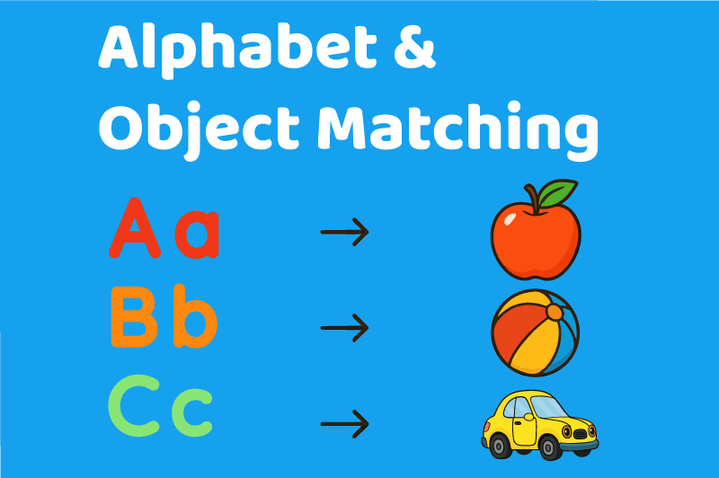 A toddler game showing letters of the alphabet being matched with corresponding objects like animals and everyday items