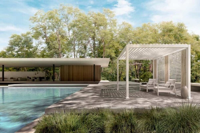 Piscina moderna all'aperto con area relax, arredi eleganti e design minimalista, ideale per scene di lusso e relax.