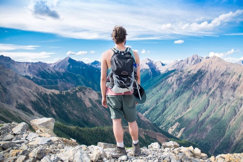 adventure, altitude, backpack, climb, nature, exploration, freedom, high, hike, landscape, man, mountain peaks, mountains, outdoors, person, pinnacle, rocks, scenic, sky, summer, travel, trek, view, viewpoint, blue sky, blue travel, blue landscape, blue mountain, blue summer, blue rock