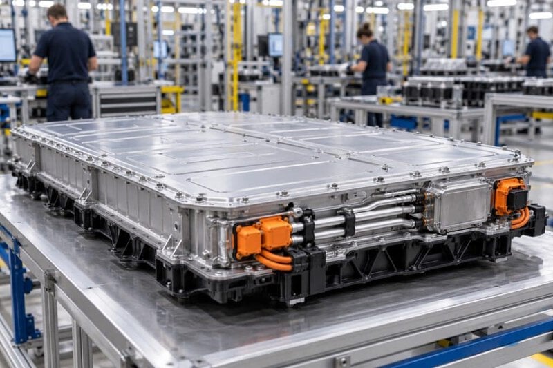 Pack de batterie de voiture électrique présenté dans un atelier industriel