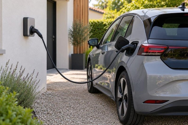 Voiture électrique branchée à domicile pendant une recharge programmée