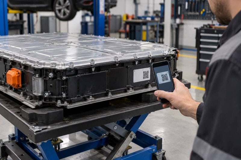Un technicien consulte un passeport numérique en scannant le code QR d’une batterie de voiture électrique