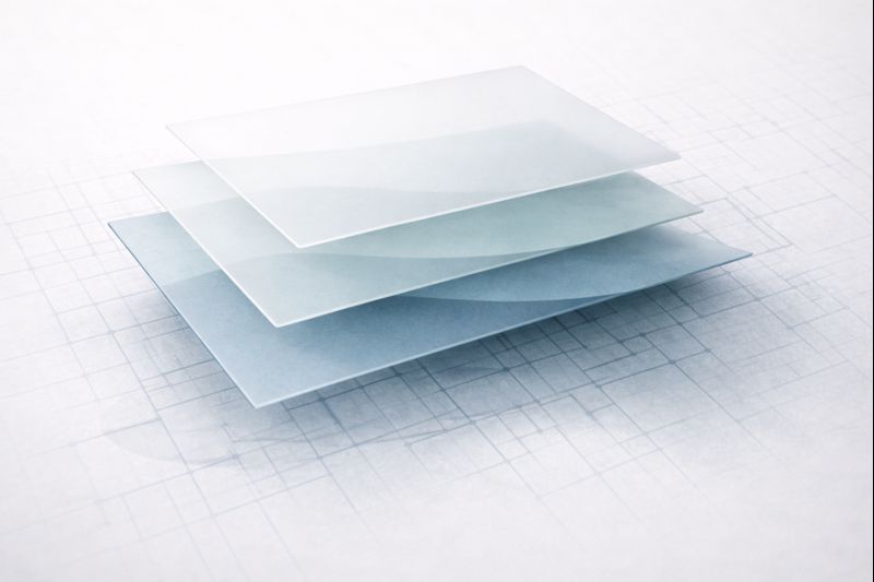 Transparente Glasplatten in verschiedenen Schichten auf technischer Zeichnung. Das Bild soll die Vielschichtung von Beobachtungsmöglichkeiten bei der Begriffsarbeit aus medizinischer und systemisch-realkonstruktivistischer Perspektive symbolisieren.