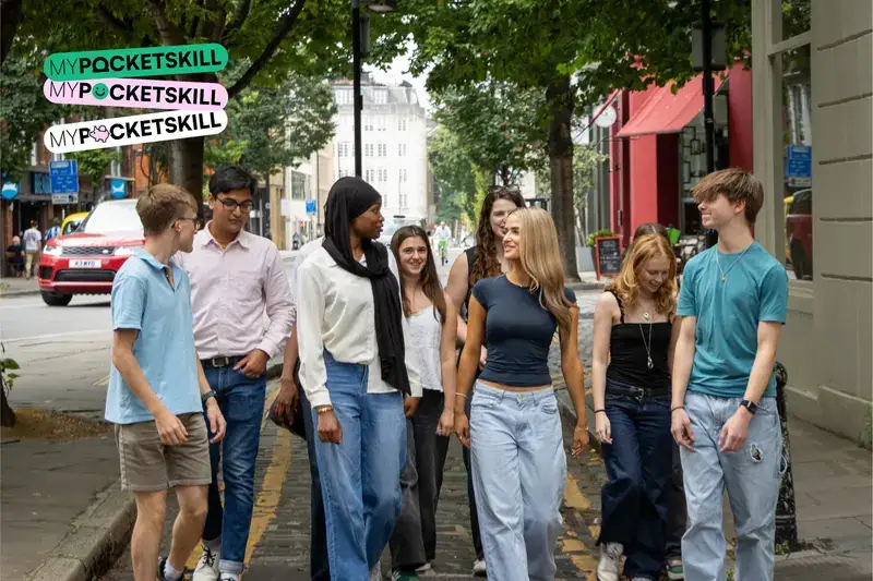 Photo of a group of teens walking and talking together in London. My Pocket Skill logo is clearly displayed in the top left.