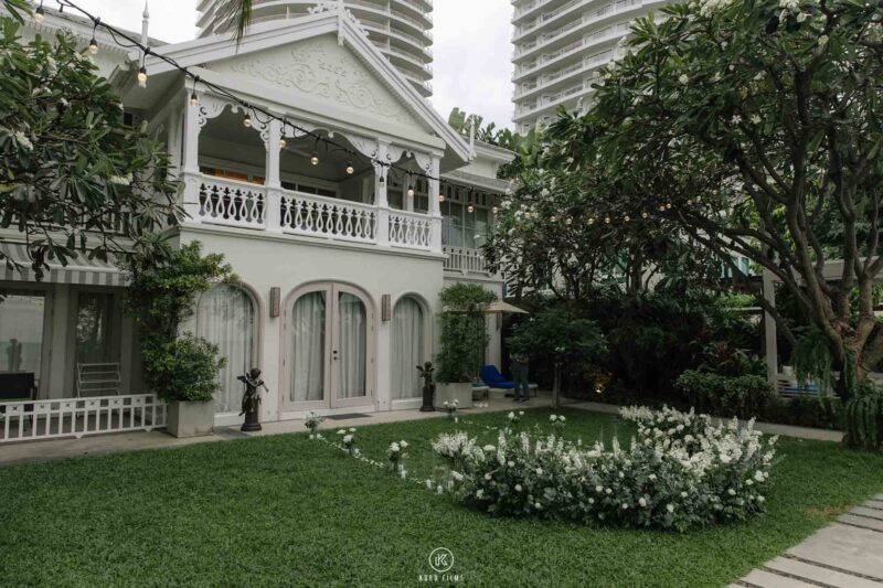 Heart of white flowers on the lawn in front of La Residence Villa at InterContinental Hua Hin
