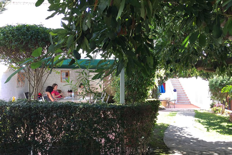 Schüler sitzen an einem schattigen Tisch im Garten der Sprachschule in Nerja, umgeben von üppigem Grün