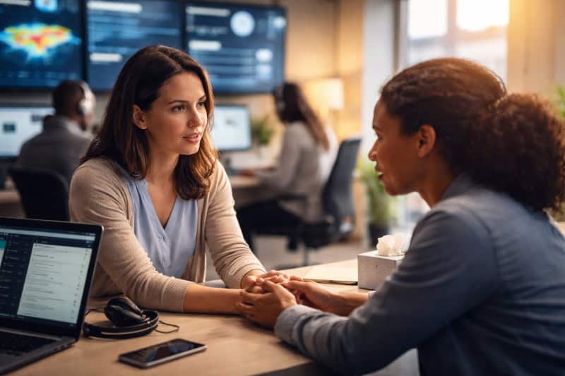A nonprofit crisis counselor empathetically holding the hands of a distressed woman in a modern support center, with computers and data dashboards in the background, symbolizing the balance of technology and human-centered care.