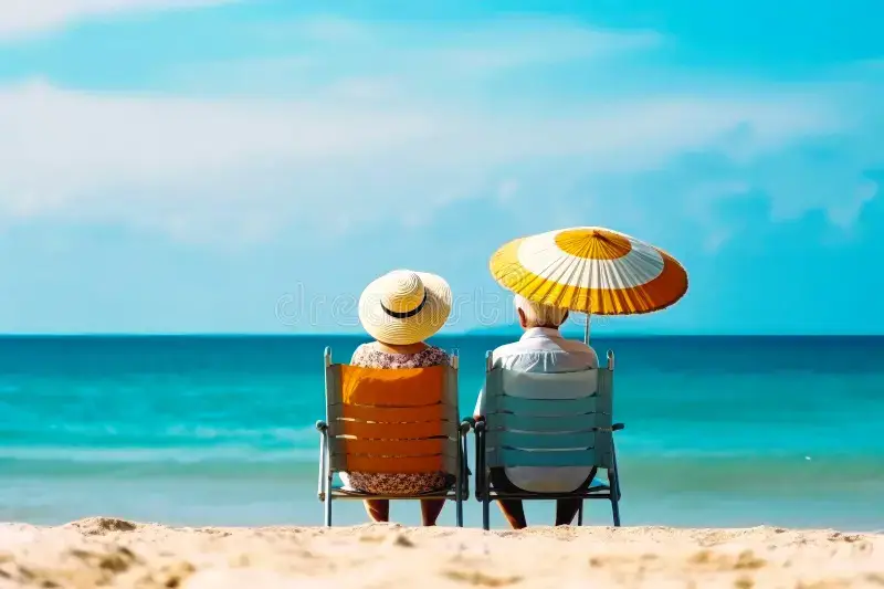 An elderly couple lounging under a beach umbrella, sipping coconut water like tropical royalty.