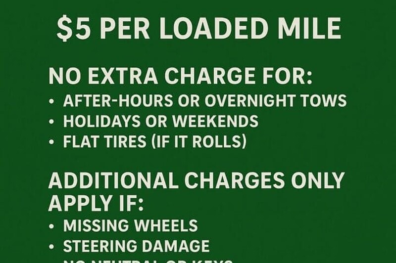 Freeway Towing & Storage transparent towing pricing in Scottsdale, Arizona - $85 hook fee and $5 per loaded mile