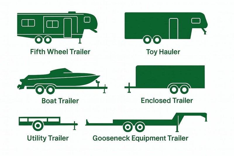 Trailer types towed by Freeway Towing & Storage in Phoenix, AZ - 5th wheel, gooseneck, bumper pull, enclosed, utility, flatbed, and boat trailers