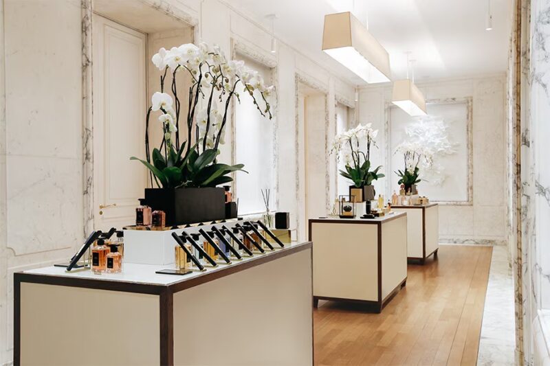 Interior view of Guerlain’s flagship perfume boutique on the Champs-Élysées in Paris. french perfume shops in paris