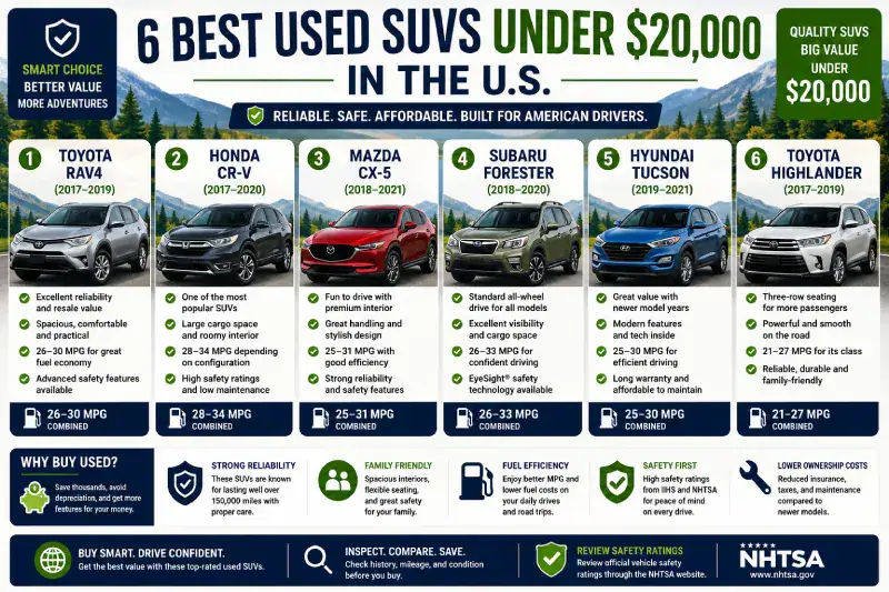 Best used SUVs under 20000 in the U.S. including Toyota RAV4, Honda CR-V, Mazda CX-5, Subaru Forester, Hyundai Tucson, and Toyota Highlander