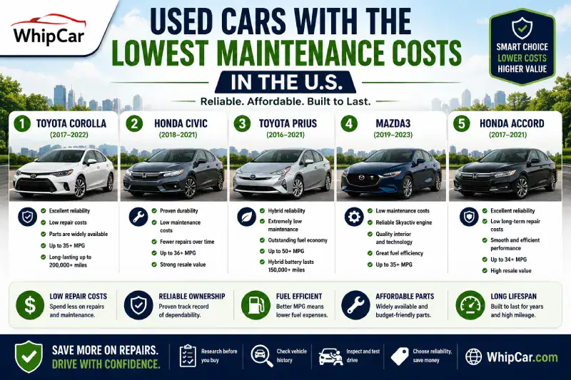 Used cars with the lowest maintenance costs in the U.S. including Toyota Corolla, Honda Civic, Toyota Prius, Mazda3, and Honda Accord