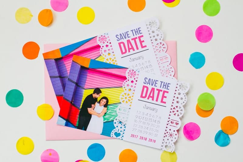 DIY PAPEL PICADO INSPIRED SAVE THE DATES - Mexican Save The Date Cricut Die Cut Colourful Fun Invitation Wedding Stationery