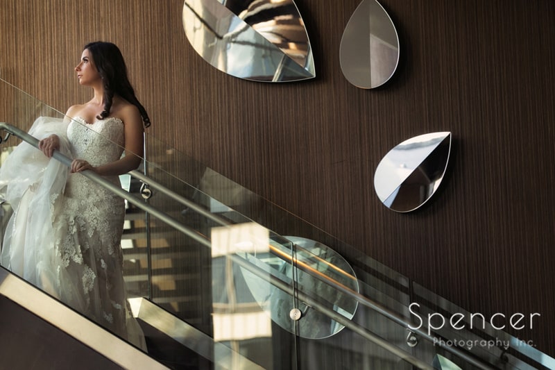 wedding portrait of bride on stairs of westin cleveland