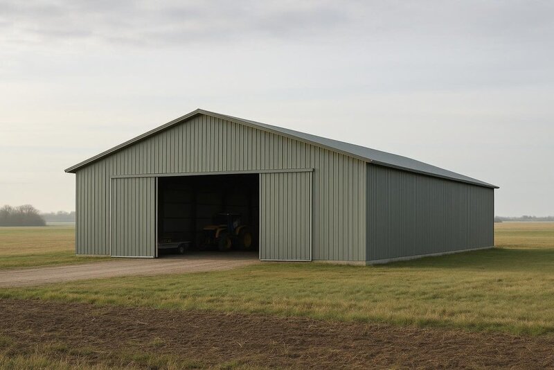 Wide clear-span pre-engineered metal building on a Canadian farm under blue sky