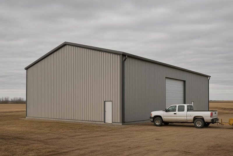 Large prefab metal building with rigid steel frame on Canadian prairie site