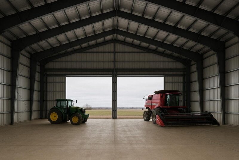 Clear-span steel agricultural building interior with large equipment access doors open