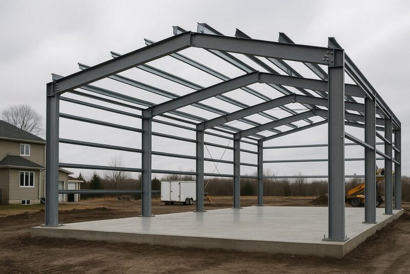 Steel rigid frame with purlins and girts being erected on a concrete foundation