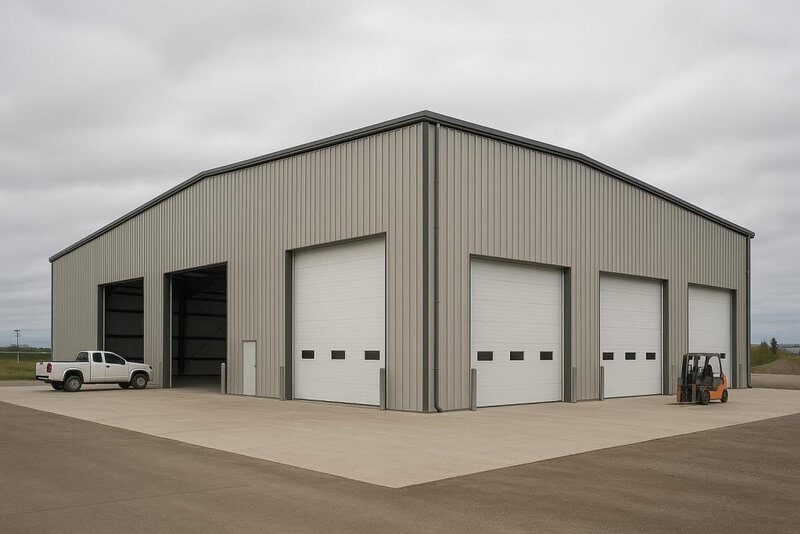 Large pre-engineered steel manufacturing plant building with clear-span roof