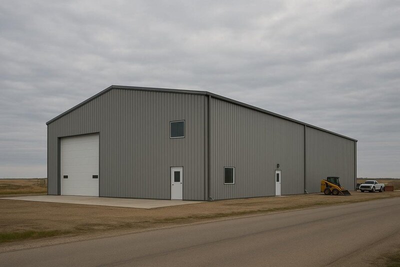 Large pre-engineered steel building in a Central Alberta industrial setting