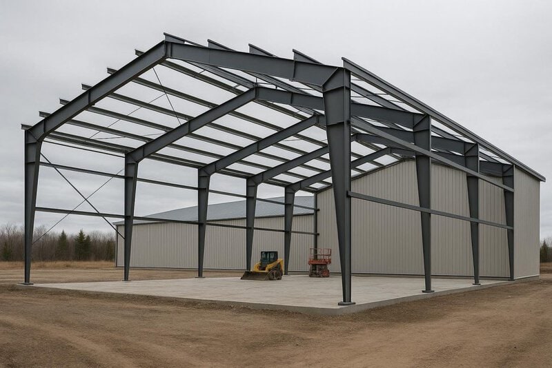 Pre-engineered steel frame building with rigid columns and metal cladding panels