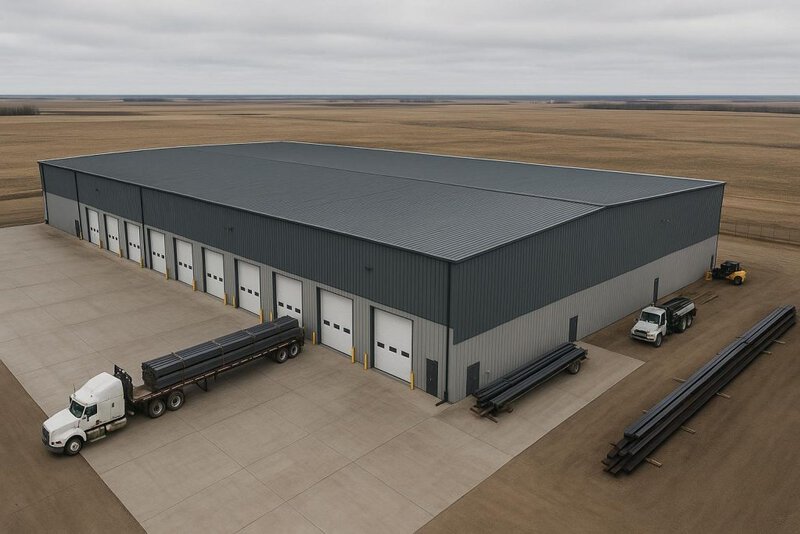 Aerial view steel distribution warehouse Alberta dock bays and truck court