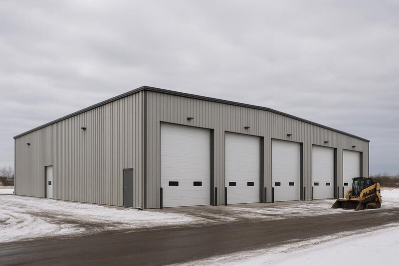 Clear-span steel warehouse with overhead doors in an Alberta industrial park