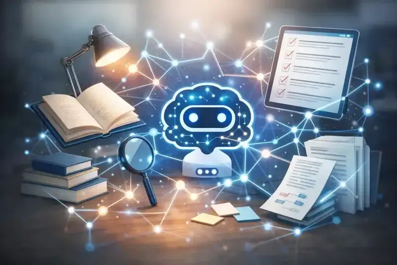KI als Hirn mit Büchern und Laptops umgeben