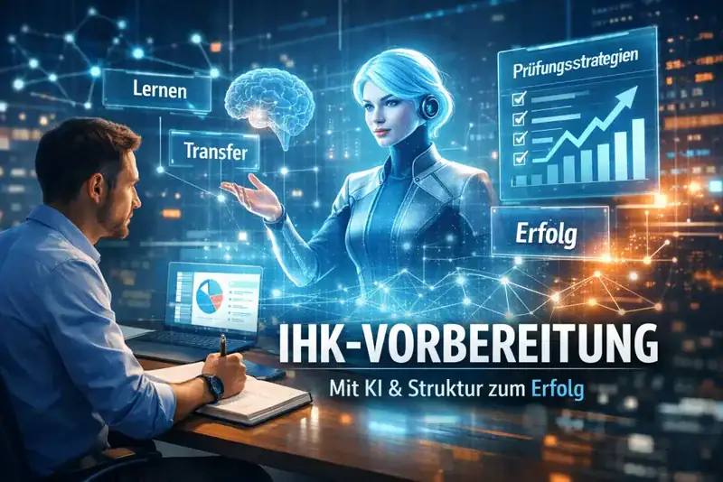 KI-Hologramm mit davor sitzendem Mann bei der IHK-Vorbereitung mit KI