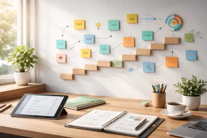 selbstorganisiertes Lernen mit Notizen an der Wand und Tablet auf dem Tisch