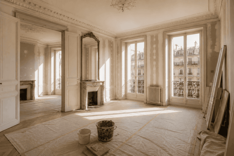 Appartement parisien ancien en rénovation illustrant la relocation des passoires thermiques