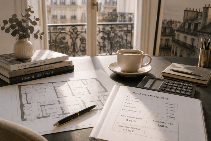 Simulation d'investissement locatif et plan d'appartement illustrant le dispositif Jeanbrun