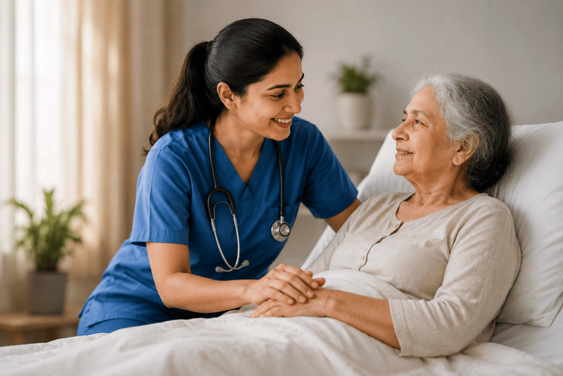 Compassionate home healthcare nurse providing palliative care support to an elderly patient in Chennai.