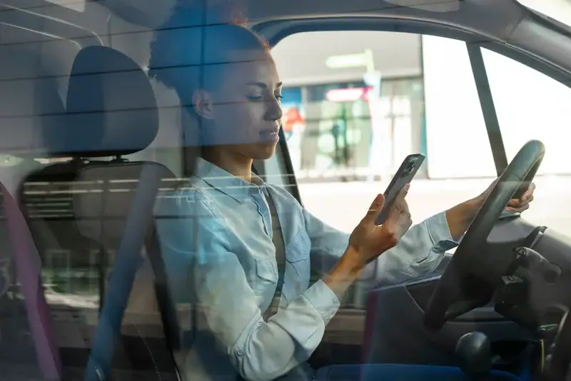 Mulher dirigindo carro enquanto usa celular com cinto de segurança. Conteúdo sobre licenciamento digital