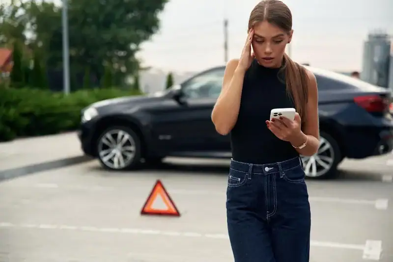 mulher preocupada com multas de trânsito usando celular perto de carro preto estacionado com triângulo de emergência no chão