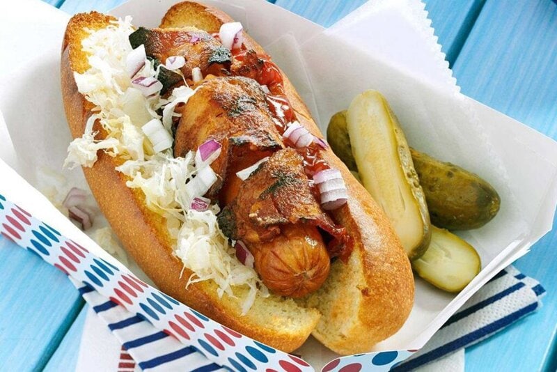 Hot dog wrapped in bacon