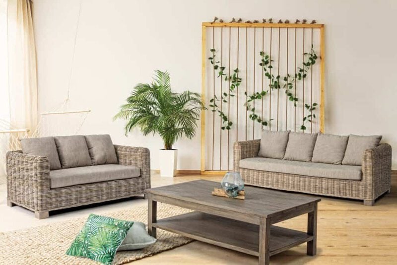 Soggiorno con divani in rattan, divano in tessuto beige, pianta rigogliosa e decorazione wall art in atmosfera luminosa.
