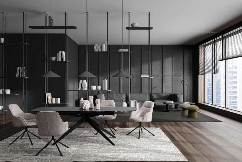Soggiorno di design con arredi contemporanei, grande ampiezza e luce naturale intensa.