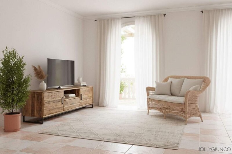 Mobile porta TV elegante in legno con spazio per dispositivi elettronici.