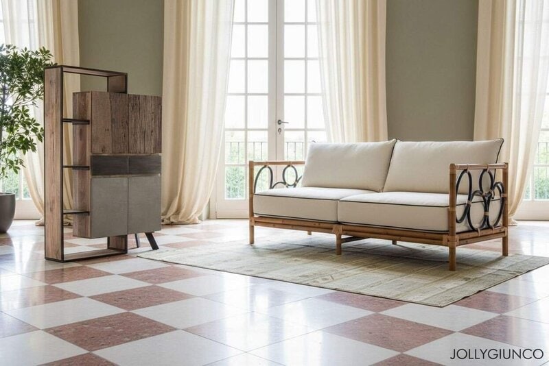 Soggiorno moderno con divano bianco e mobili in legno, ambiente luminoso e elegante.