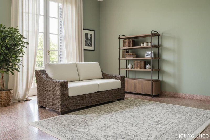 Soggiorno con divano in rattan e libreria in legno, ambiente accogliente e luminoso.