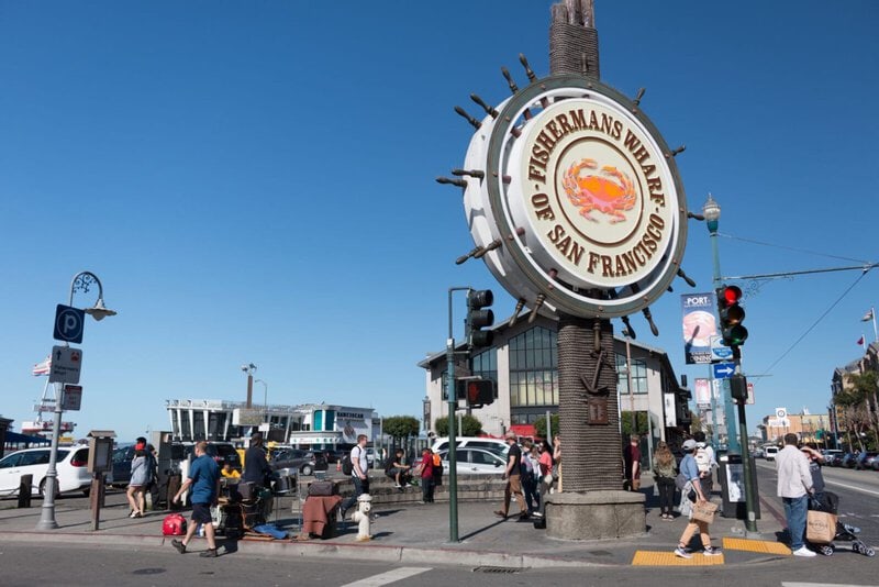 Das berühmte Fisherman’s Wharf Schild in San Francisco mit Fußgängern, Geschäften und blauem Himmel im Hintergrund.